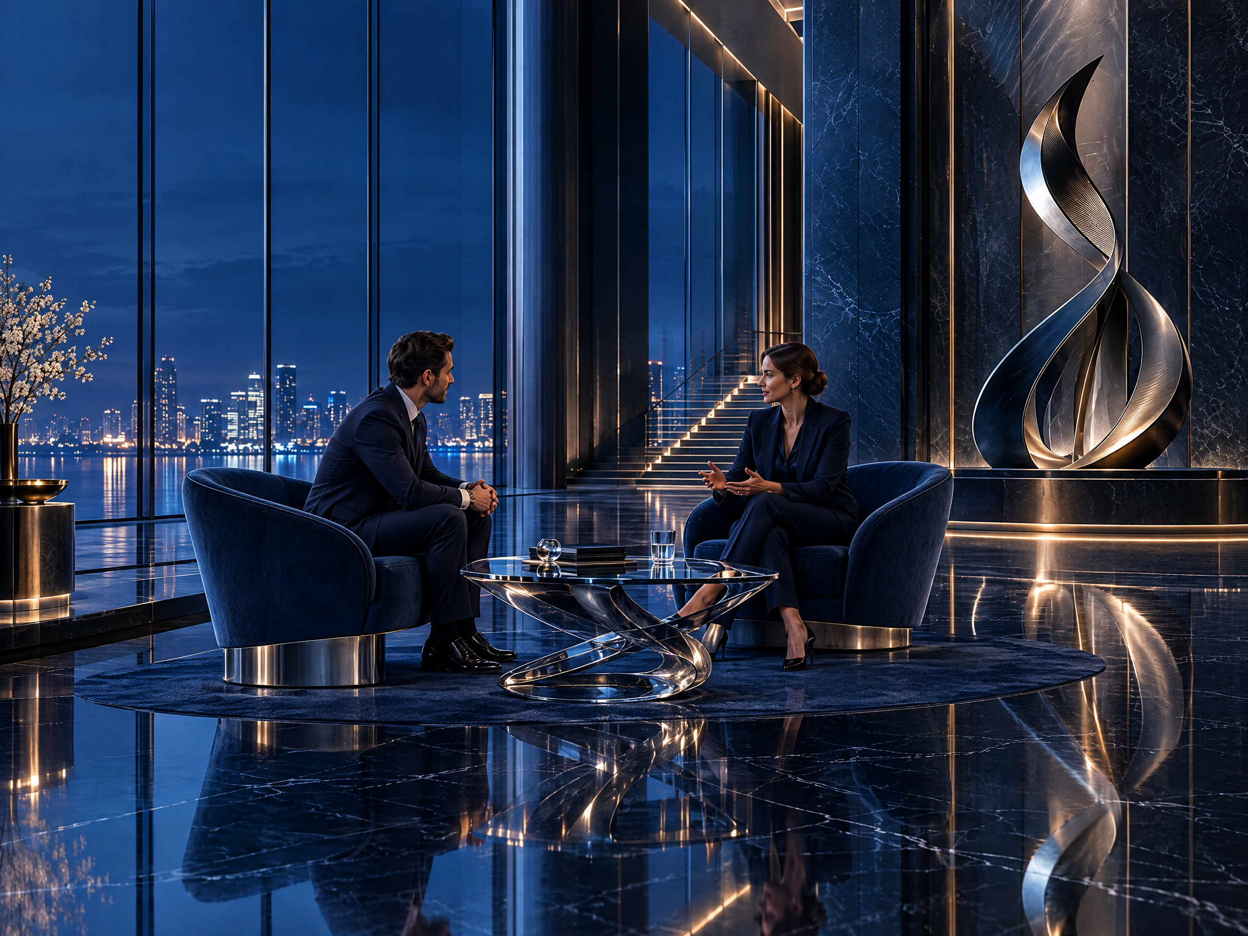 A private legal consultation in a refined sapphire-glass interior