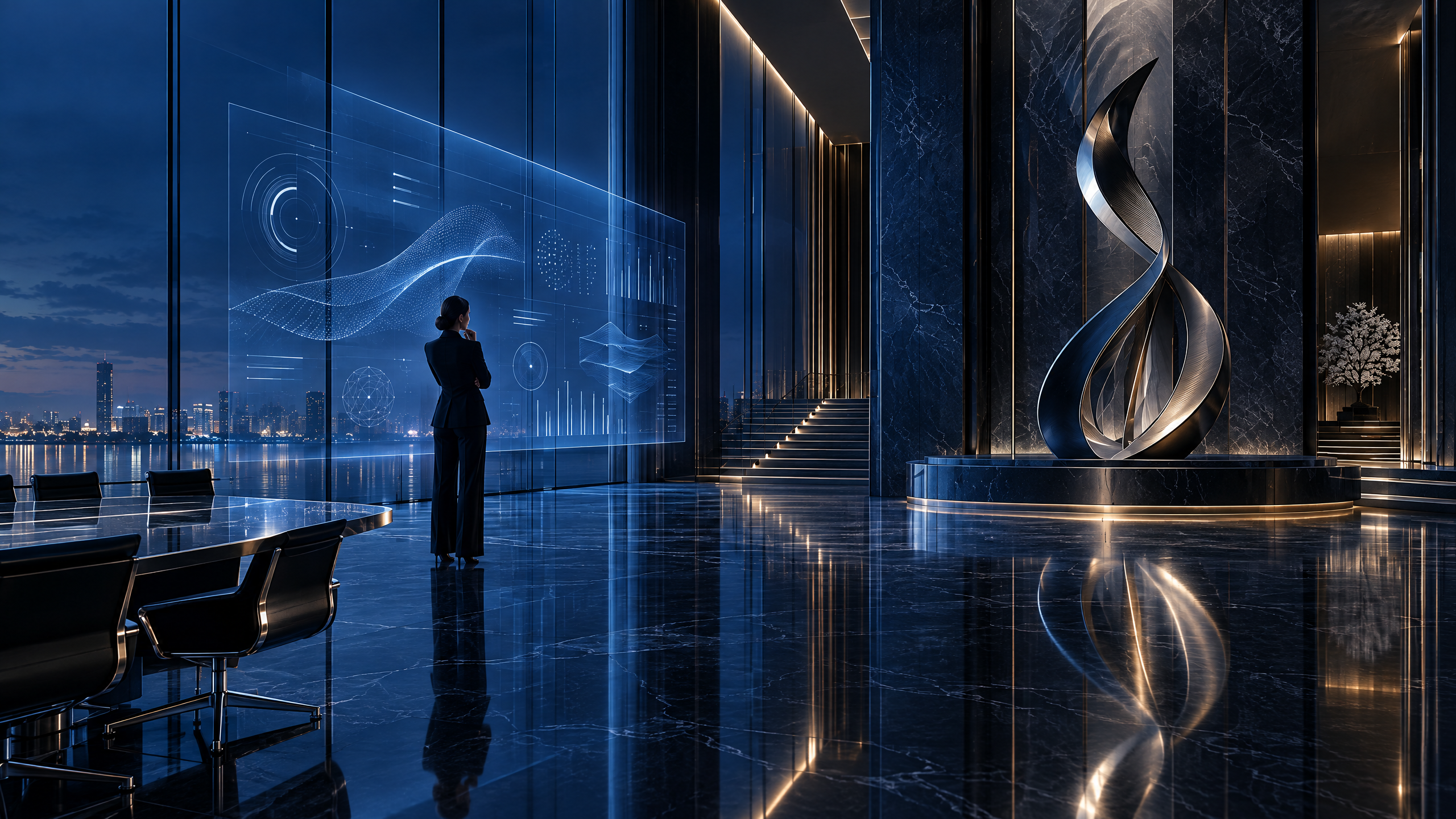 A premium law firm strategy room with city-at-night reflections